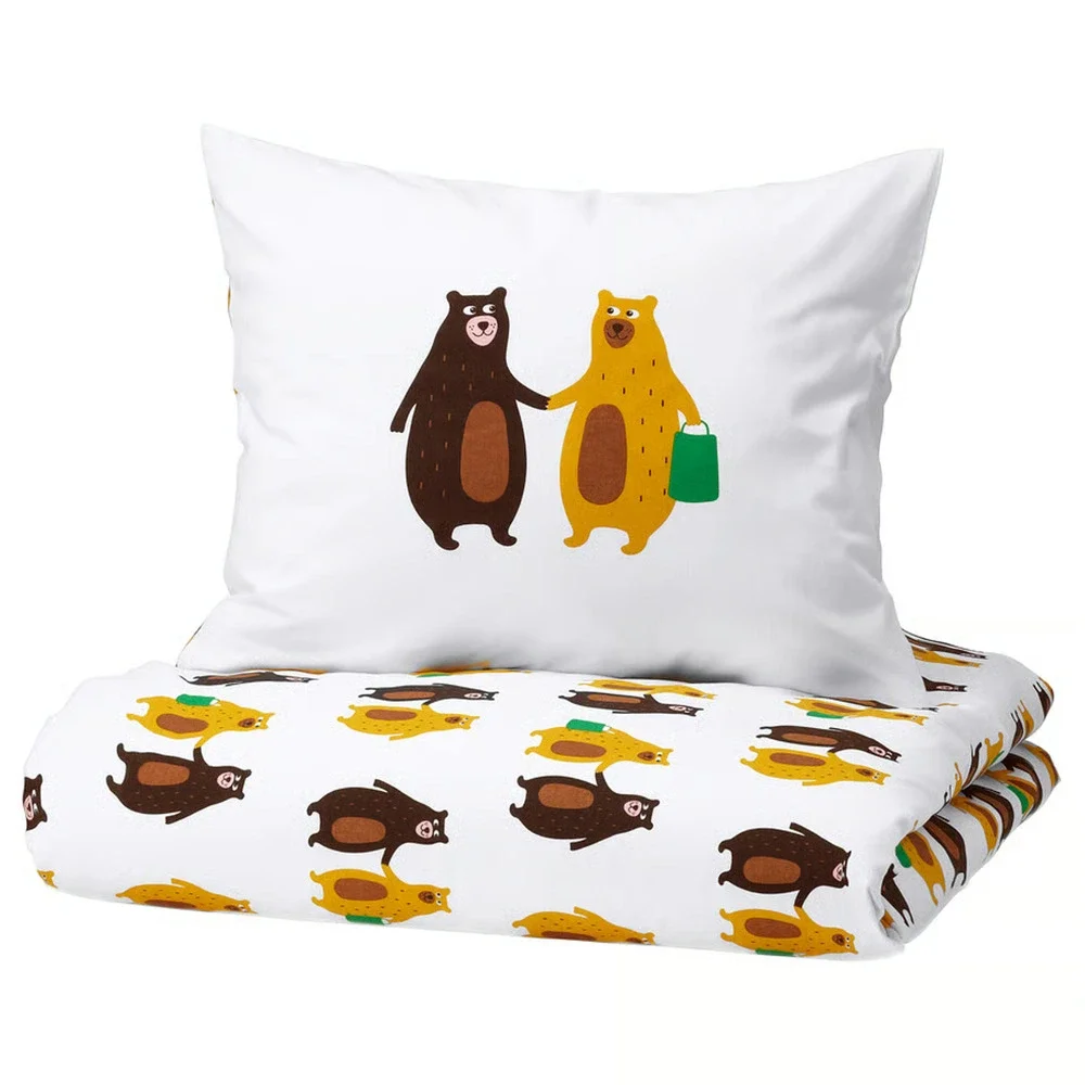 IKEA BRUMMIG Duvet Cover Pillowcase Bear Yellow Brown Twin 305.211.50-NEW